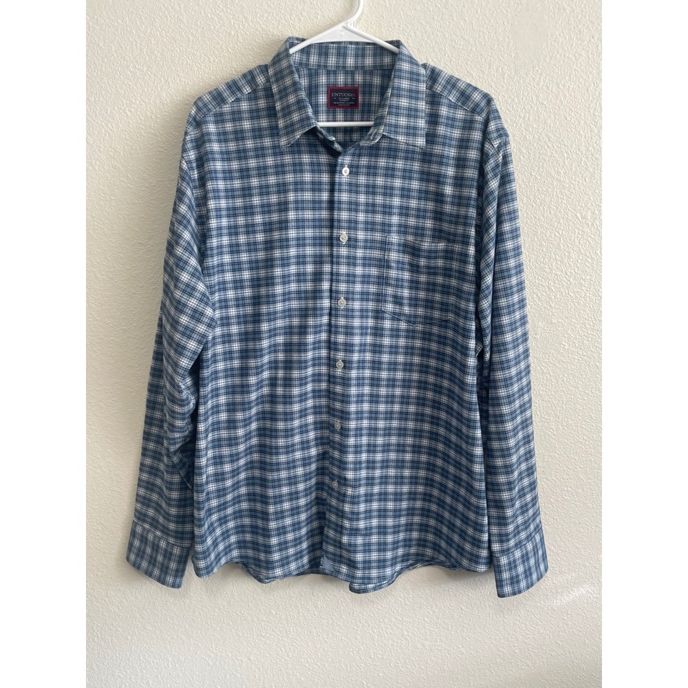 UNTUCKit Button Down Shirt Mens XL Blue Gingham Excellent Relaxed Fit Stretch